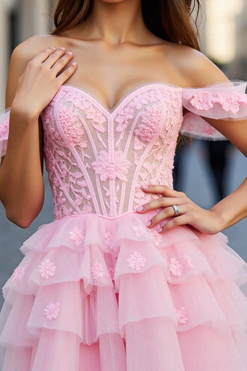 Pink A Linie Tüll Kurze Korsett Party Kleid mit Applikationen
