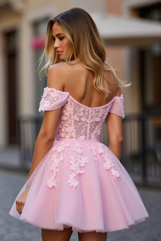 Blumen Pink Tüll Schulterfreie Kurze Korsett Party Kleid