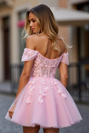 Blumen Pink Tüll Schulterfreie Kurze Korsett Party Kleid