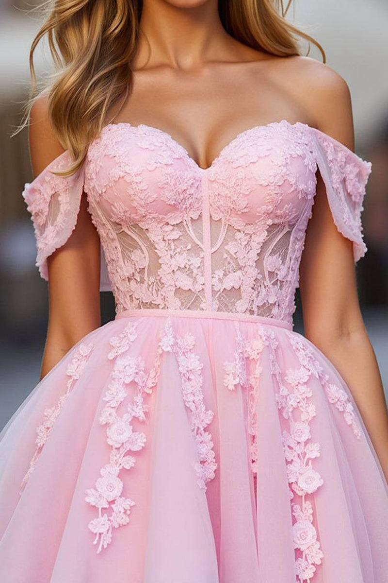 Laden Sie das Bild in den Galerie-Viewer, Blumen Pink Tüll Schulterfreie Kurze Korsett Party Kleid