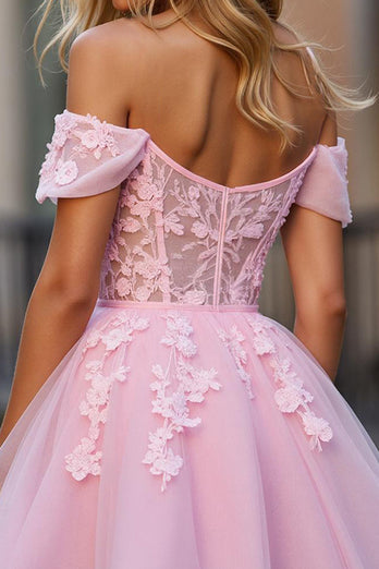 Blumen Pink Tüll Schulterfreie Kurze Korsett Party Kleid