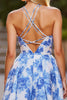 Laden Sie das Bild in den Galerie-Viewer, Weiß Blau Blume Spaghettiträger A Linie Kurze Party Kleid