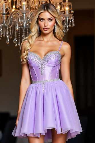Glitzer Kurze Lila A Linie Korsett Party Kleid mit Perlen
