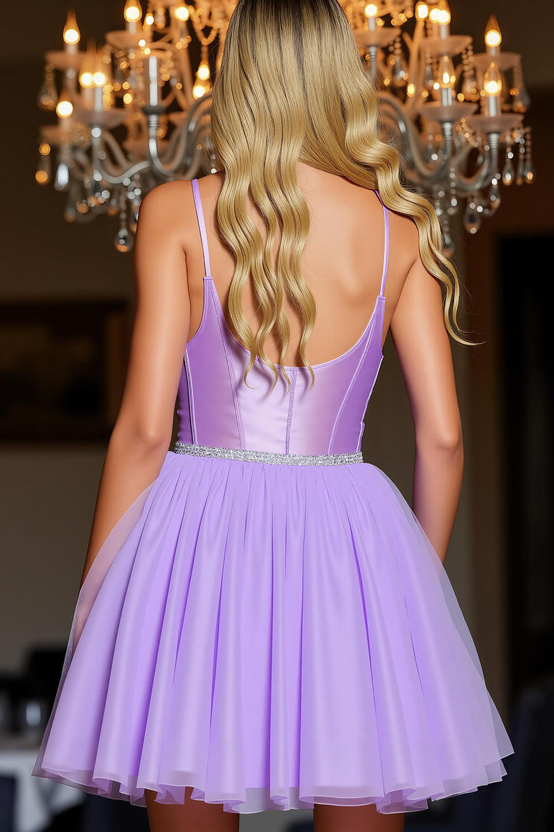 Laden Sie das Bild in den Galerie-Viewer, Glitzer Kurze Lila A Linie Korsett Party Kleid mit Perlen