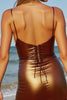 Laden Sie das Bild in den Galerie-Viewer, Spaghettiträger Kaffee Enges Metallic Kurze Party Kleid