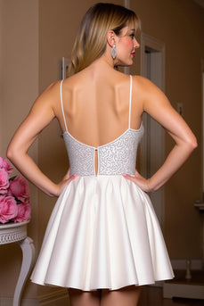 Glitzer Weiß Kurze A Linie Satin Party Kleid mit Perlen