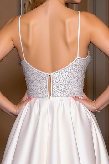 Glitzer Weiß Kurze A Linie Satin Party Kleid mit Perlen