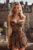 Laden Sie das Bild in den Galerie-Viewer, Khaki Leopard Bedruckte Herz-Ausschnitt Geraffte Kurze Party Kleid