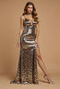 Laden Sie das Bild in den Galerie-Viewer, Glitzernd Golden Leopardenmuster Bedruckt Metallic Lang Ballkleid mit Schlitz