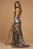 Laden Sie das Bild in den Galerie-Viewer, Glitzernd Golden Leopardenmuster Bedruckt Metallic Lang Ballkleid mit Schlitz