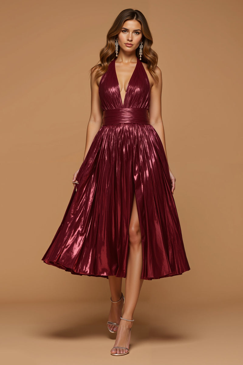 Laden Sie das Bild in den Galerie-Viewer, Glitzernd Burgunderrot Metallic Neckholder Lang Ballkleid mit Schlitz
