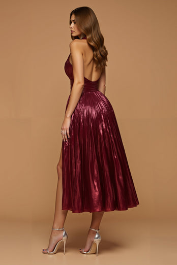 Glitzernd Burgunderrot Metallic Neckholder Lang Ballkleid mit Schlitz