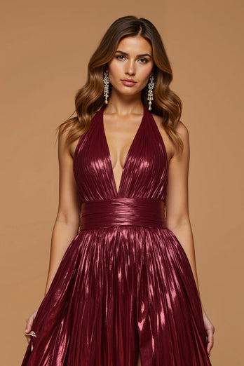 Glitzernd Burgunderrot Metallic Neckholder Lang Ballkleid mit Schlitz