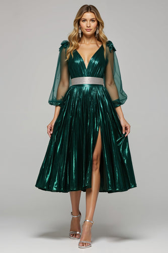 Glitzernd Dunkelgrün Metallic V-Ausschnitt Ballkleid mit Schlitz
