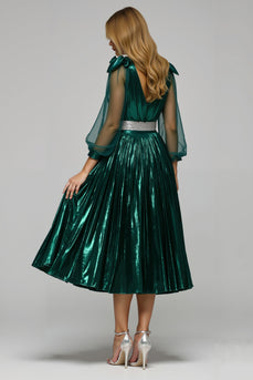 Glitzernd Dunkelgrün Metallic V-Ausschnitt Ballkleid mit Schlitz