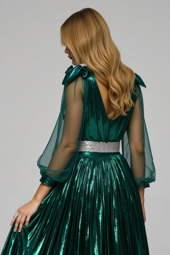 Glitzernd Dunkelgrün Metallic V-Ausschnitt Ballkleid mit Schlitz