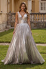 Laden Sie das Bild in den Galerie-Viewer, Glitzernd Silber Metallic Breite Träger Rückenfrei Lang Ballkleid