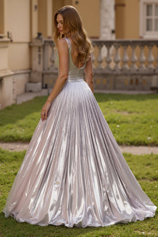Glitzernd Silber Metallic Breite Träger Rückenfrei Lang Ballkleid