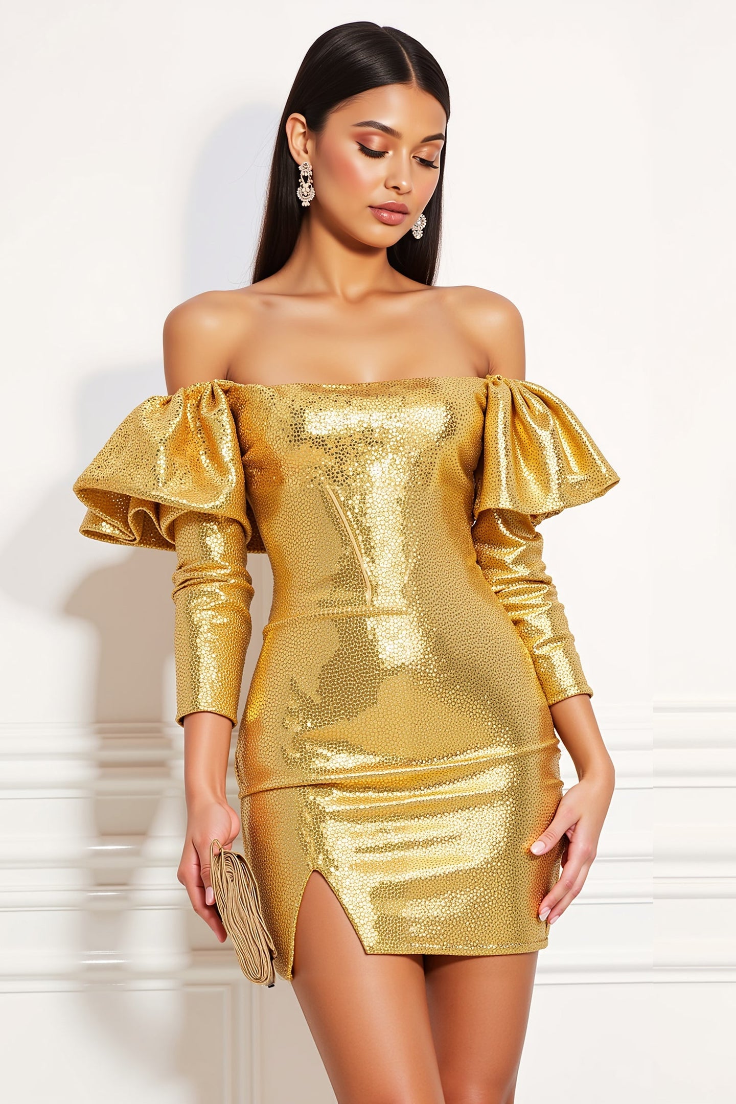 Glitzer Golden Enges Metallic Kurze Party Kleid mit Rüschens