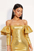 Laden Sie das Bild in den Galerie-Viewer, Glitzernd Golden Metallic Eng Kurz Cocktailkleid mit Rüschen