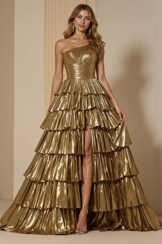 Glitzernd Golden Metallic Ein-Schulter Rüschen Lang Ballkleid mit Schlitz