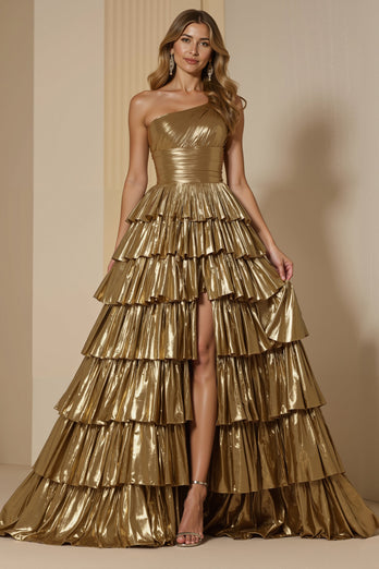 Glitzernd Golden Metallic Ein-Schulter Rüschen Lang Ballkleid mit Schlitz