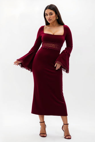 Burgunderrot Flatterärmel Lang Ballkleid mit Spitze