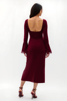 Burgunderrot Flatterärmel Lang Ballkleid mit Spitze