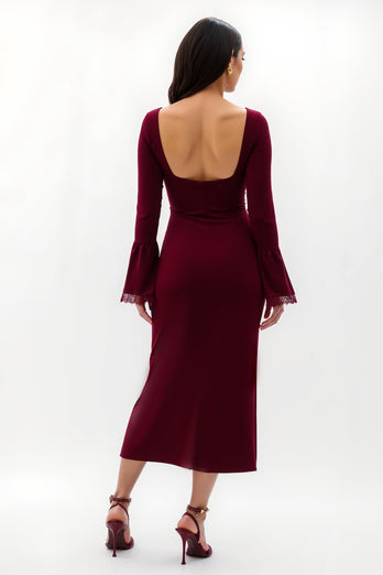 Burgunderrot Flatterärmel Lang Ballkleid mit Spitze