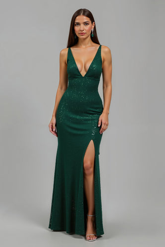 Glitzernd Dunkelgrün Tiefer V-Ausschnitt Pailletten Lang Ballkleid mit Schlitz