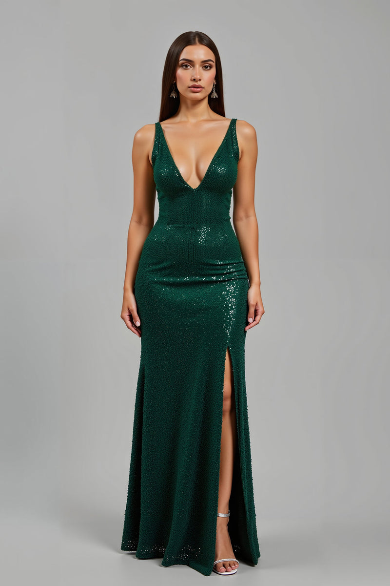 Laden Sie das Bild in den Galerie-Viewer, Glitzernd Dunkelgrün Tiefer V-Ausschnitt Pailletten Lang Ballkleid mit Schlitz