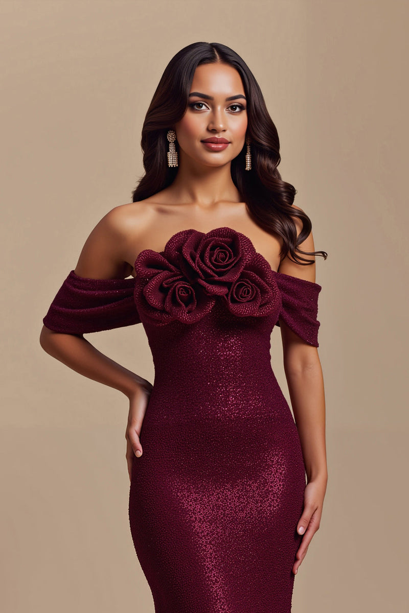 Laden Sie das Bild in den Galerie-Viewer, Glitzernd Burgunderrot Pailletten Meerjungfrau Lang Ballkleid mit Blumen