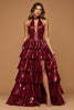 Laden Sie das Bild in den Galerie-Viewer, Glitzernd Burgunderrot Rüschen Metallic Neckholder Lang Ballkleid mit Schlitz