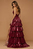 Laden Sie das Bild in den Galerie-Viewer, Glitzernd Burgunderrot Rüschen Metallic Neckholder Lang Ballkleid mit Schlitz