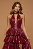 Laden Sie das Bild in den Galerie-Viewer, Glitzernd Burgunderrot Rüschen Metallic Neckholder Lang Ballkleid mit Schlitz