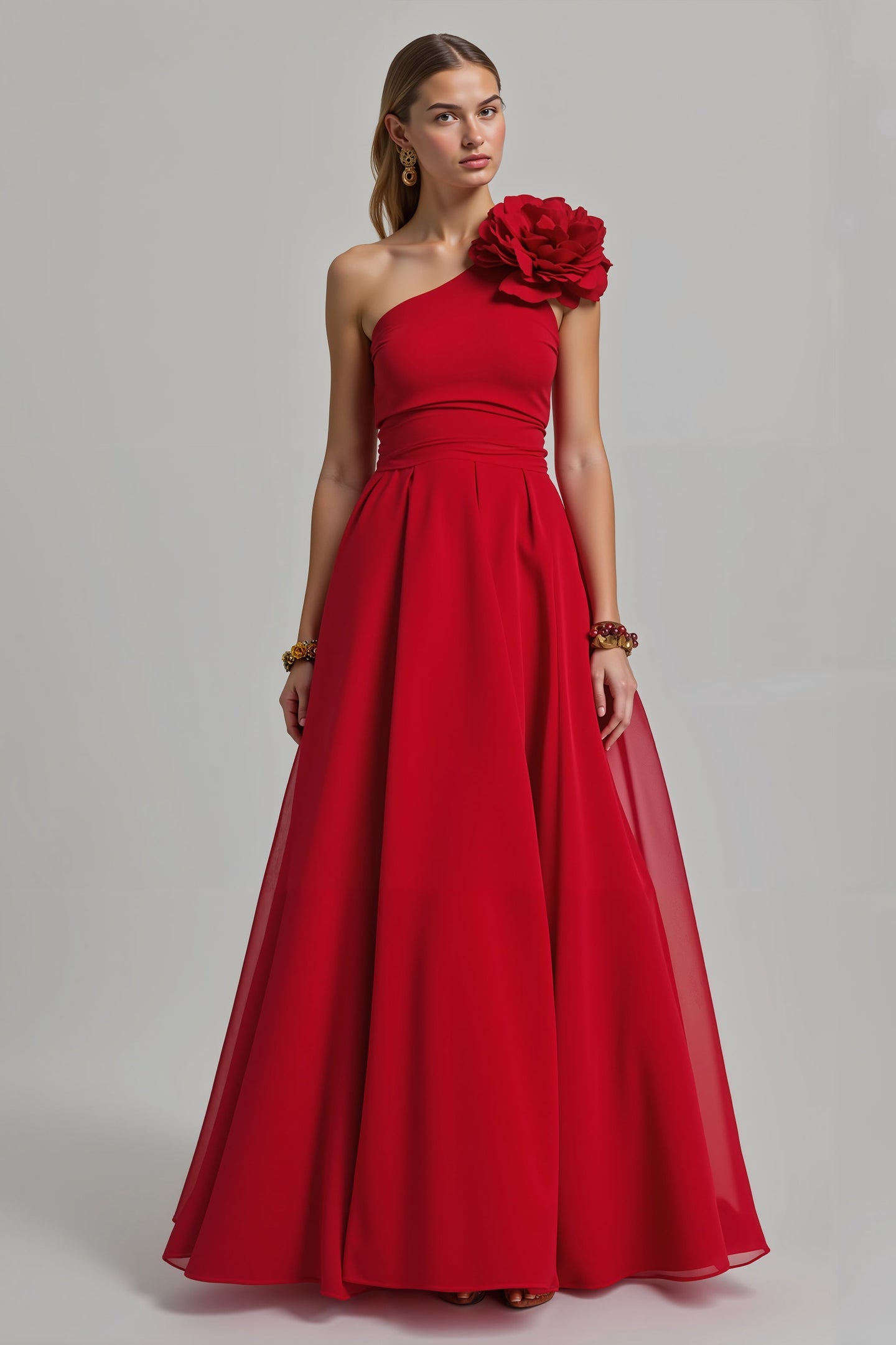 Rot Ein-Schulter A-Linie Lang Ballkleid mit 3D-Blume