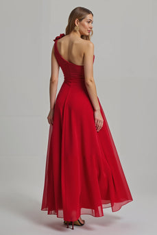 Rot Ein-Schulter A-Linie Lang Ballkleid mit 3D-Blume