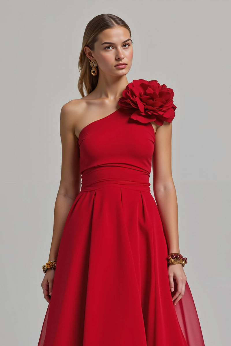 Laden Sie das Bild in den Galerie-Viewer, Rot Ein-Schulter A-Linie Lang Ballkleid mit 3D-Blume