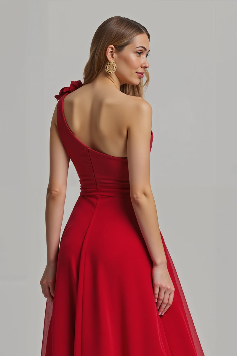 Laden Sie das Bild in den Galerie-Viewer, Rot Ein-Schulter A-Linie Lang Ballkleid mit 3D-Blume