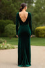 Laden Sie das Bild in den Galerie-Viewer, Dunkelgrün Samt V-Ausschnitt Langarm Ballkleid mit Schlitz