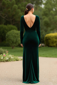 Dunkelgrün Samt V-Ausschnitt Langarm Ballkleid mit Schlitz