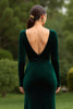 Laden Sie das Bild in den Galerie-Viewer, Dunkelgrün Samt V-Ausschnitt Langarm Ballkleid mit Schlitz