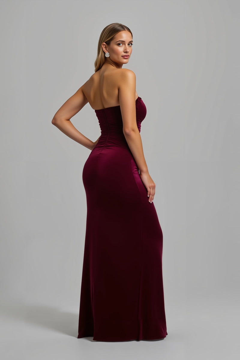 Laden Sie das Bild in den Galerie-Viewer, Einfach Burgunderrot Etui Trägerlos Lang Ballkleid mit Schlitz