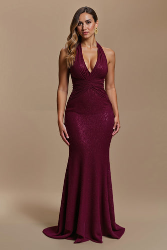 Glitzernd Burgunderrot Pailletten Meerjungfrau Neckholder Lang Ballkleid