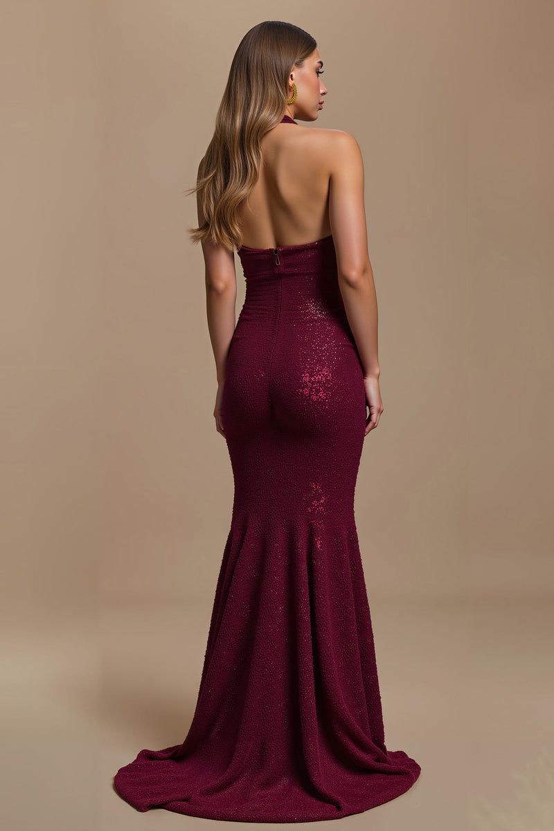Laden Sie das Bild in den Galerie-Viewer, Glitzernd Burgunderrot Pailletten Meerjungfrau Neckholder Lang Ballkleid