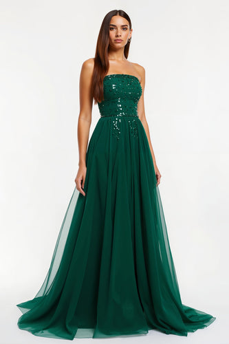 Glitzernd Dunkelgrün Tüll Trägerlos Lang Ballkleid mit Perlenstickerei
