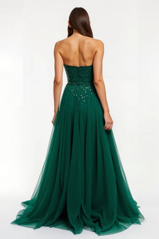 Glitzernd Dunkelgrün Tüll Trägerlos Lang Ballkleid mit Perlenstickerei