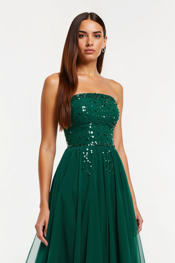 Glitzernd Dunkelgrün Tüll Trägerlos Lang Ballkleid mit Perlenstickerei