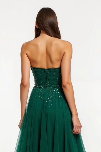 Glitzernd Dunkelgrün Tüll Trägerlos Lang Ballkleid mit Perlenstickerei