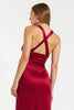 Laden Sie das Bild in den Galerie-Viewer, Burgunderrot Satin Etui Neckholder Lang Ballkleid mit Schlitz